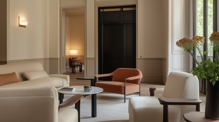 Serene Living Room: A meticulously designed living space exudes modern elegance. Furnished with sleek sofas and chairs, accompanied by artful side tables and subtle decor, the room invites relaxation.