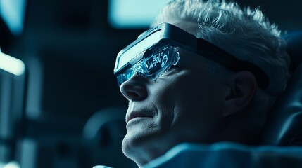 Futuristic Man Wearing Advanced Smart Glasses Technology Digital Overlay Head Mounted Display Screen Modern Innovation data male face eyes dark blue  