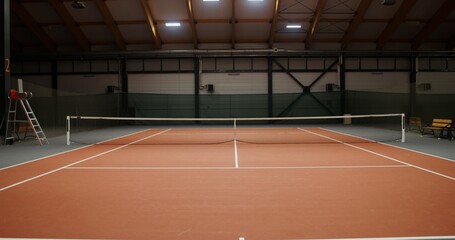 An empty indoor tennis court with an orange rubber covering and a net stretched in the middle,...