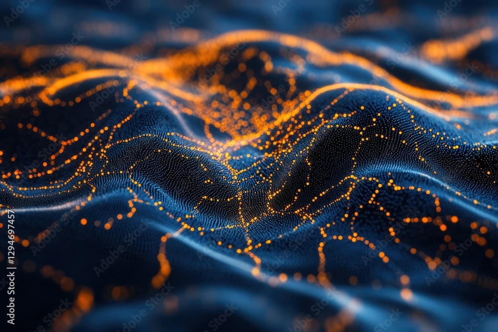 Poster illuminated abstract landscape with glowing nodes and smooth textures at nighttime