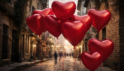 Red balloons in the shape of a heart on a city street.