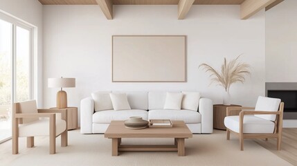 Fototapeta premium Modern Living Room: Minimalist decor in a spacious, bright living room, featuring a comfortable sofa, chairs, wooden beams and a blank canvas for personalized art.