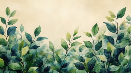 A vibrant watercolor illustration featuring lush green leaves, perfect for a nature-themed design or background. Ideal for creative projects.