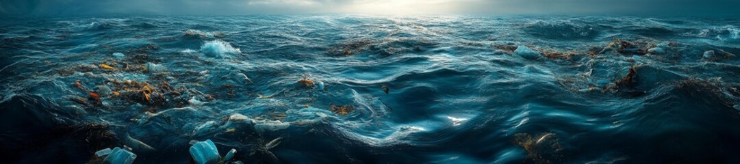 Naklejka premium Oceans Covered in Plastic and Oil Debris with Dead Marine Life. Generative AI