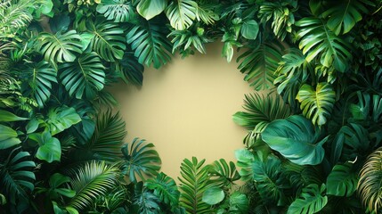 A vibrant arrangement of tropical leaves surrounds a soft yellow wall, creating a fresh and inviting atmosphere.