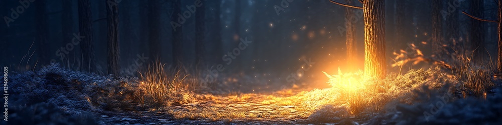 Poster a dark, mysterious forest path with a glowing light and space for text