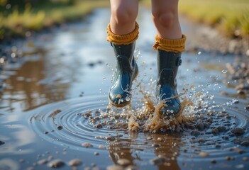 Child in rain boots jumps in puddle on sunny day outdoors