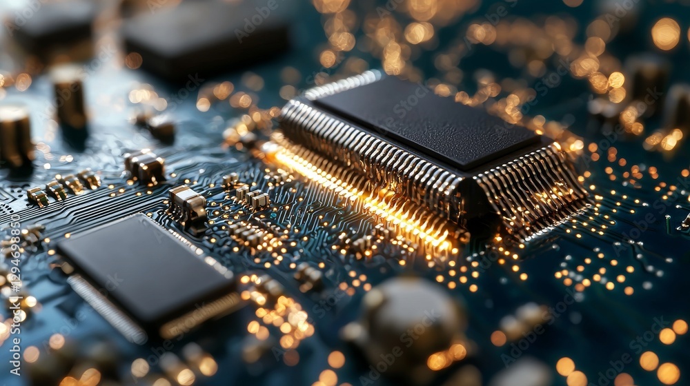 Poster a close-up view of a concept cpu microchip for ai and data network, showcased on a modern chip gpu c