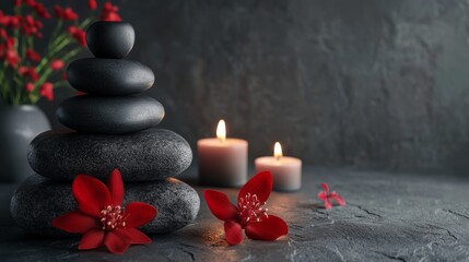 Relaxing massage composition on a dark gray background and red elements. Massage concept with comfort and energy.
