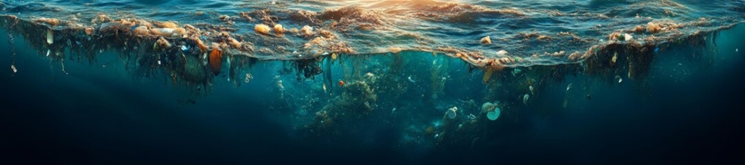 Fototapeta premium Underwater Scene of Ocean Pollution with Floating Plastic Waste. Generative AI