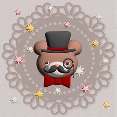 3D gentleman brown bear in top hat  