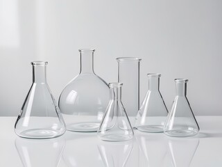 A variety of clear glass laboratory flasks and beakers are neatly arranged on a reflective surface. Bright light enhances the elegant shapes and designs, showcasing their pristine condition.