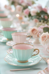 Elegant tea party setup with pastel teacups, floral arrangements, and delicate tableware, creating a refined and romantic atmosphere for an afternoon gathering