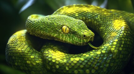 Fototapeta premium Lush Green Viper: Captivating Snake in Its Natural Habitat