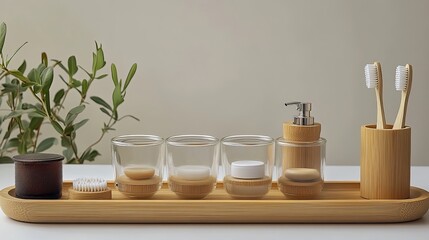Modern Bamboo Bathroom Organizer Set Elegant Glass Jars Eco Friendly Soap Dispenser Natural Wooden Tray Stylish Bathroom Accessories Minimalist Design