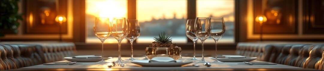 Elegant Dining Table with Glassware in the Soft Glow of Sunset. Generative AI