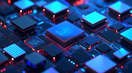 Obraz premium Close-up view of a vibrant circuit board with glowing microchips and intricate designs