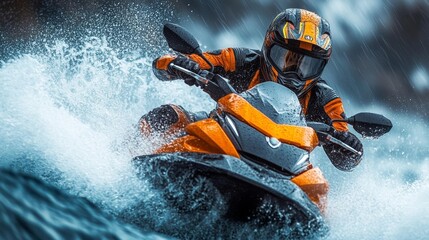 Fototapeta premium Person Riding Jet Ski Through Splashing Water in Action-Packed Scene. Generative AI