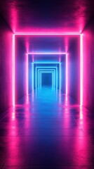 Vibrant neon corridor illuminated with pink and blue lights creating an immersive atmosphere at night