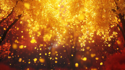 Naklejka premium A Magical Scene of Golden Rain Trees Blooming Out of Season in Autumn, with Cascading Clusters of Bright Yellow Flowers Glowing Against Deep Orange and Crimson Foliage, Soft Light from the Setting Sun
