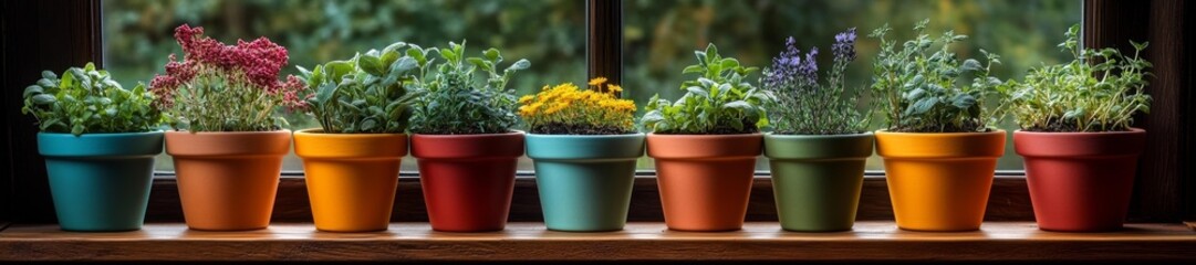 Obraz premium A Beautiful Collection of Herbs in Colorful Pots on a Bright Windowsill with a Greenery Background. Generative AI