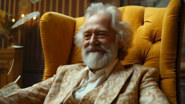 Happy old man sitting in yellow chair with flying us dollars around 