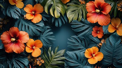A beautiful illustration of vibrant tropical flowers and lush green leaves. The arrangement features orange hibiscus blooms surrounded by foliage.