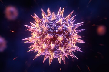 Microscopic view of a spiky virus particle under purple and blue lights at a laboratory