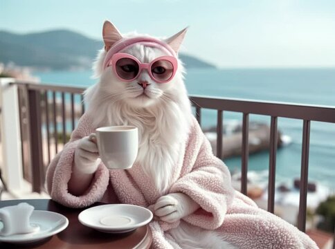 rich well-groomed long-haired white cat sits on veranda in the morning and drinks coffee, in pink sunglasses, bathrobe. admires seascape. concept of leisurely good morning, enjoying life.