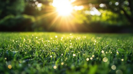 Obraz premium Morning sun casts soft rays over dew-kissed green grass, creating a serene and vibrant atmosphere.