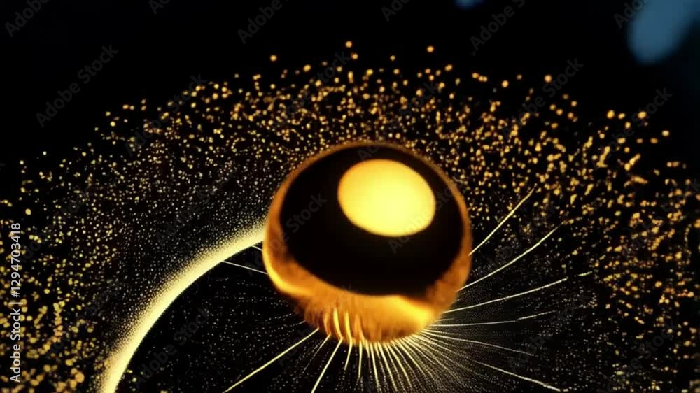 Poster a glowing golden particle explosion resembling a celestial or atomic structure against a dark backgr