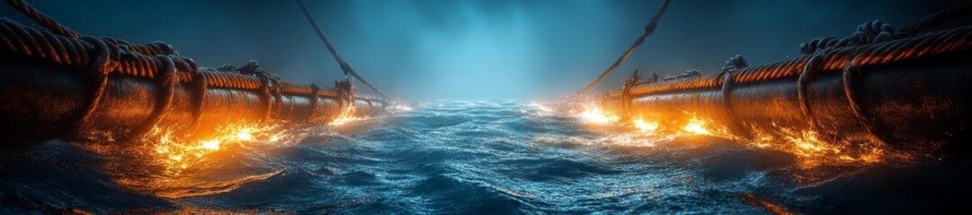Fototapeta premium Underwater Cables on Fire Tied Together Above Water. Generative AI