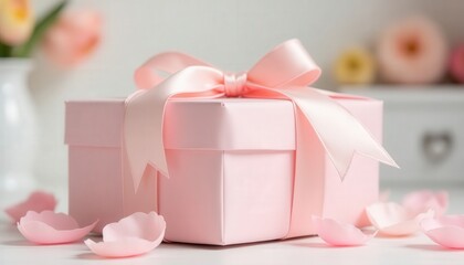 Gift box decorated with pink ribbon surrounded by floral arrangements and pearls on a soft pink background