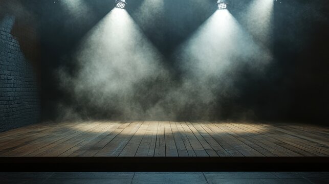An empty wooden stage illuminated by bright spotlights in a smoky atmosphere, creating a dramatic and suspenseful mood.