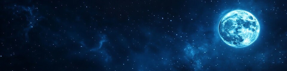 Obraz premium A dark, starry sky with a glowing full moon and a large text area