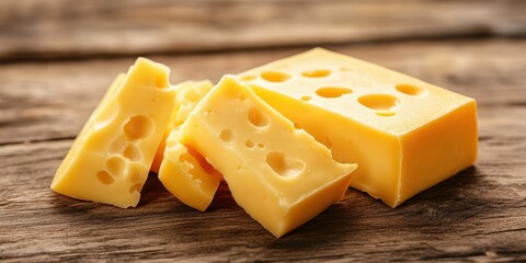 Yellow cheese chunks arranged on rustic wooden surface capturing the essence of dairy products and culinary creativity