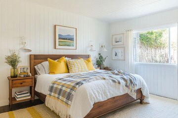 Bright bedroom interior with a view