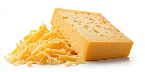 Block and grated cheddar cheese ready for cooking or snacking on a clean surface
