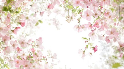Obraz premium A dreamy floral scene featuring delicate pink cherry blossoms framing a bright white background.