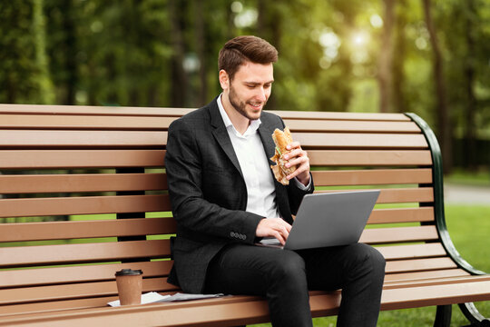 Millennial businessman eating sandwich and working on laptop during his lunch break at park