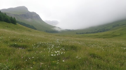 Fototapeta premium Serene Mountain Landscape with Lush Greenery and Mist