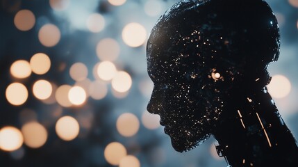 An image of human head with a glowing light. A model of creativity and artificial intelligence technology. Data applications with synthesis algorithms for data. A depiction of a human lifestyle head.