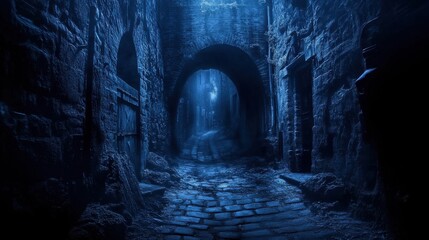 Dark and Mysterious Alleyway with Cobblestones and Soft Light