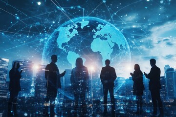 Obraz premium A double exposure of business people standing in front of an Earth globe with network connections across the world, in a blue and white color palette, with a city background Generative AI