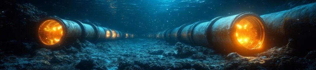 Underwater Pipeline Network with Glowing Lights and Ocean Floor. Generative AI