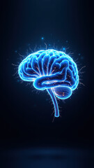 Obraz premium Computer-generated 3D rendering of human brain with artificial intelligence theme; glowing blue neurons sparking on top.
