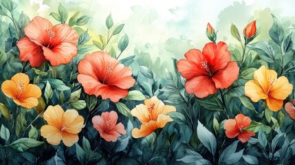 A vibrant watercolor illustration of hibiscus flowers in red, orange, and yellow, surrounded by lush green leaves, creating a joyful and creative atmosphere.