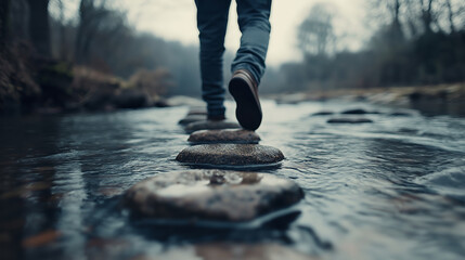 Hiker cautiously navigating rocky river crossing, balancing on stones through challenging wilderness terrain