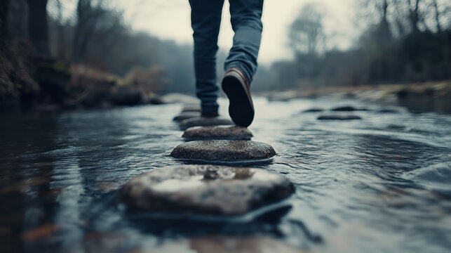 Hiker cautiously navigating rocky river crossing, balancing on stones through challenging wilderness terrain