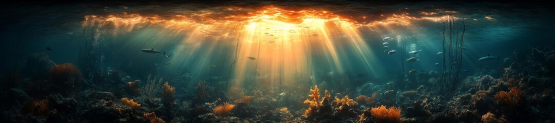 A serene underwater view with sunbeams illuminating coral and sea life. Generative AI
